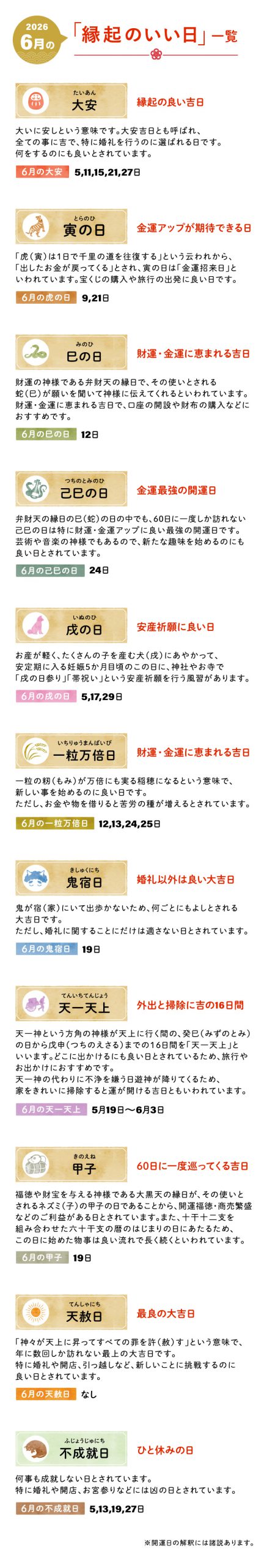 開運日一覧 ｜ 今日のこよみ